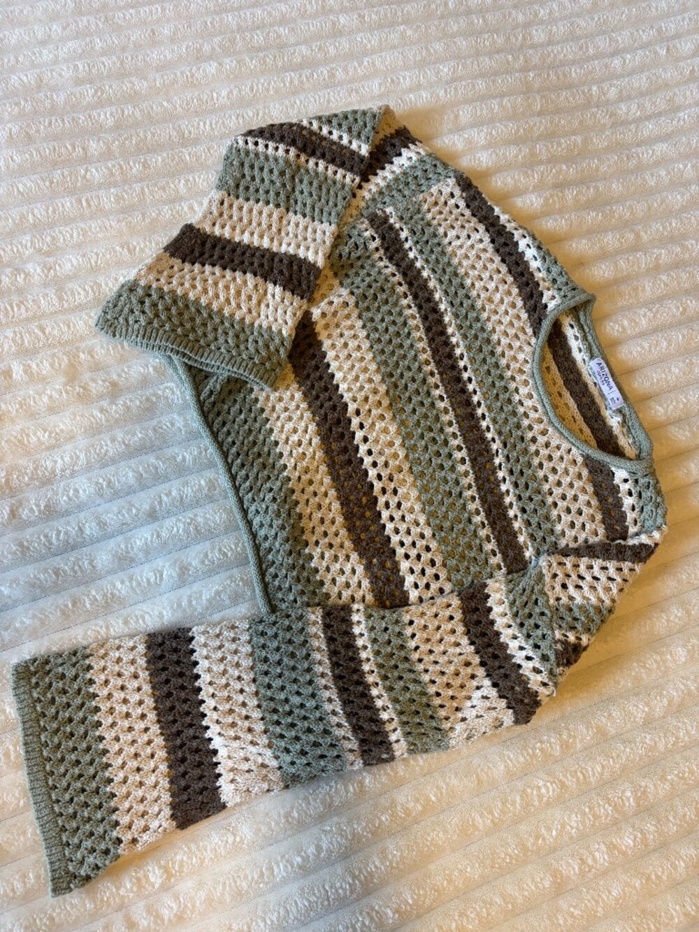 Arizona Jean Co Green Brown Crochet Open Knit Striped Sweater M